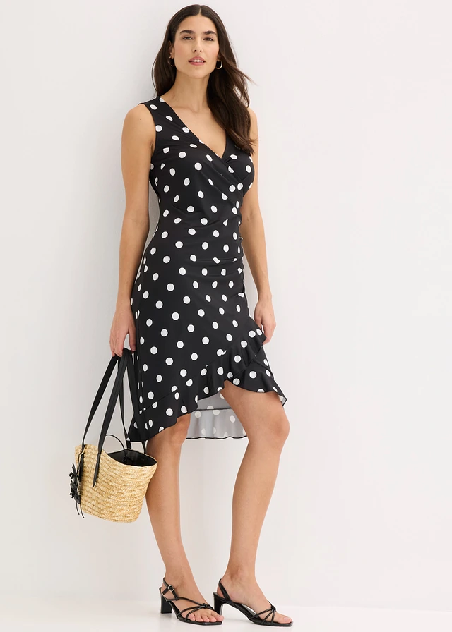 Robe en jersey à décolleté plongeant, Couleur: noir pois blanc