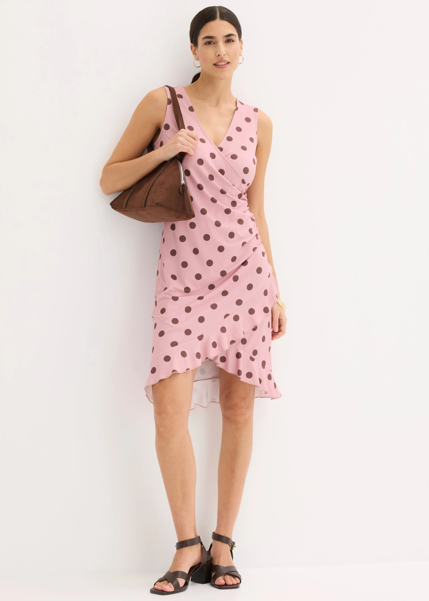 Rochie din jerse cu decolteu adânc • roz cenușiu/maro cu buline • magazin bonprix