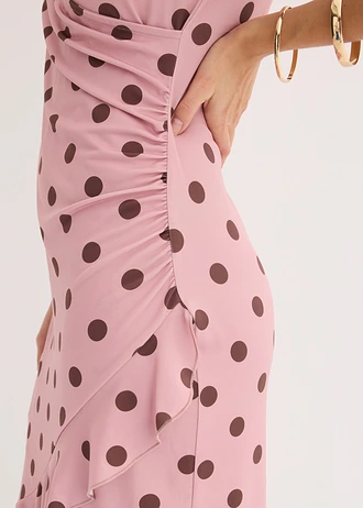 Rochie din jerse cu decolteu adânc • roz cenușiu/maro cu buline • magazin bonprix