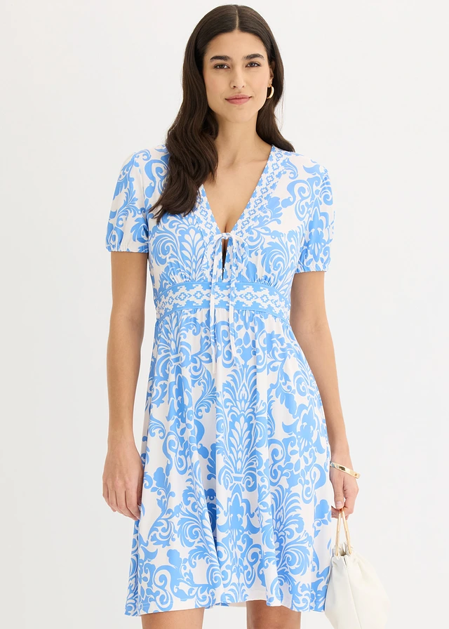 Robe en jersey à décolleté plongeant, Couleur: blanc nacré-bleu moyen imprimé