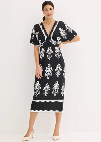 Robe en jersey à décolleté plongeant, Couleur: noir-blanc imprimé