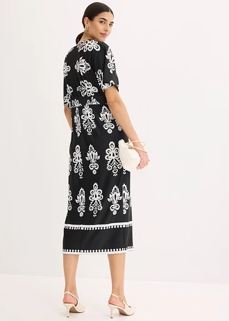 Rochie din jerse cu decolteu adânc, culoare: negru-alb cu imprimeu