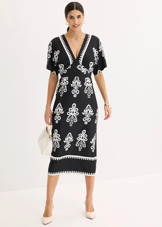 Rochie din jerse cu decolteu adânc • negru-alb cu imprimeu • magazin bonprix