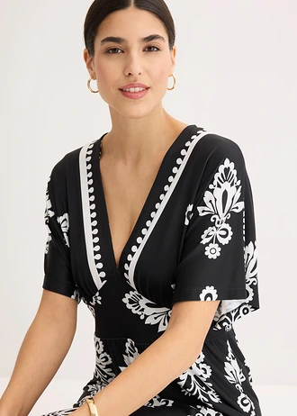Robe en jersey à décolleté plongeant • noir-blanc imprimé • Boutique bonprix