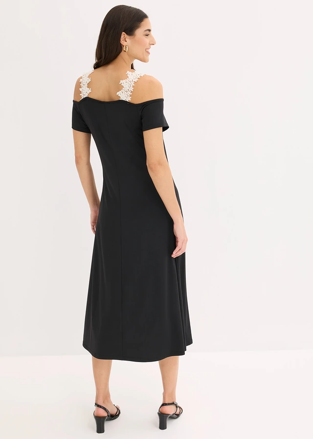 Robe en jersey à dentelle au crochet, Couleur: noir-blanc nacré