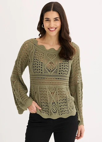 T-shirt en maille ajourée • olive • Boutique bonprix