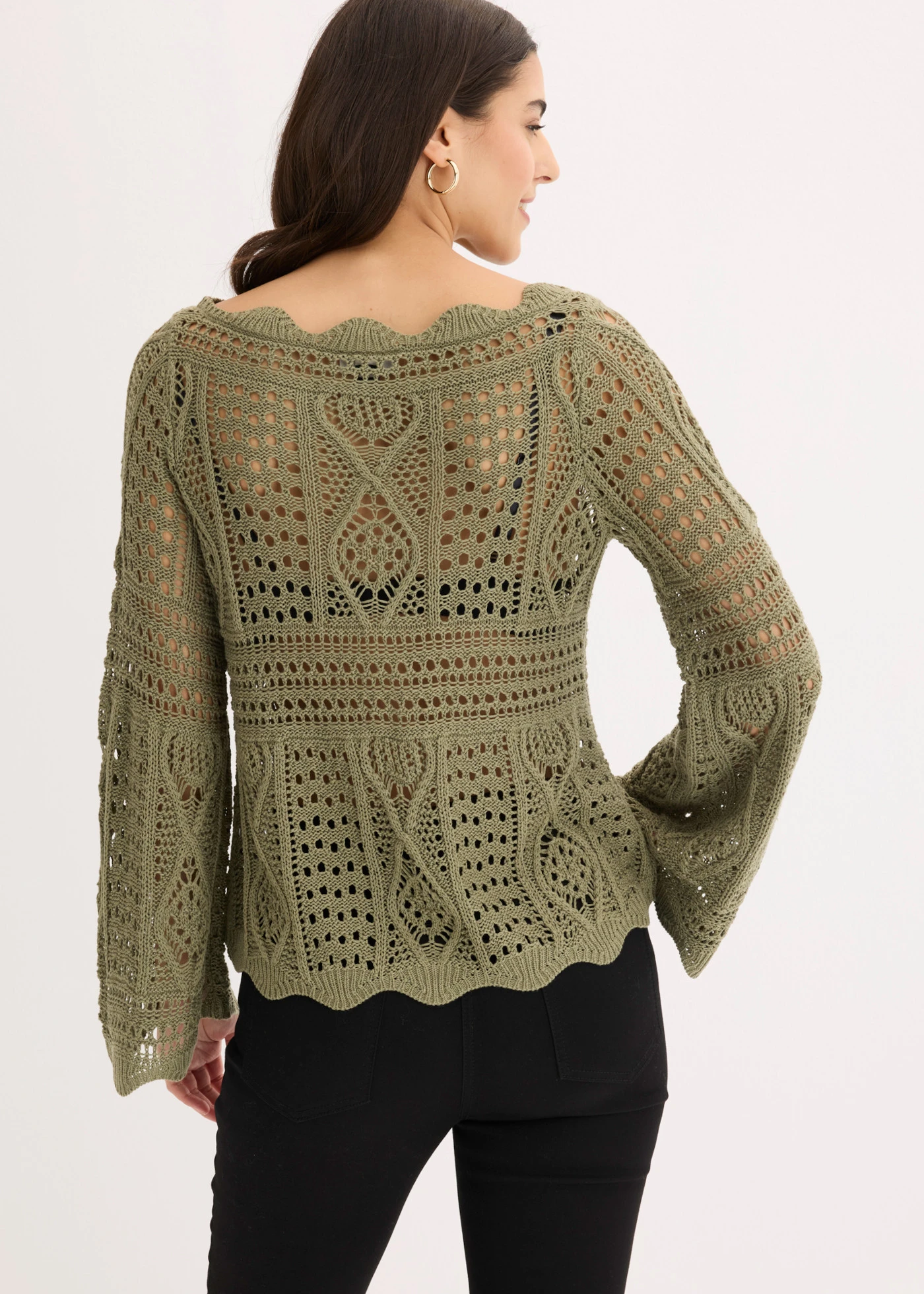 T-shirt en maille ajourée • olive • Boutique bonprix