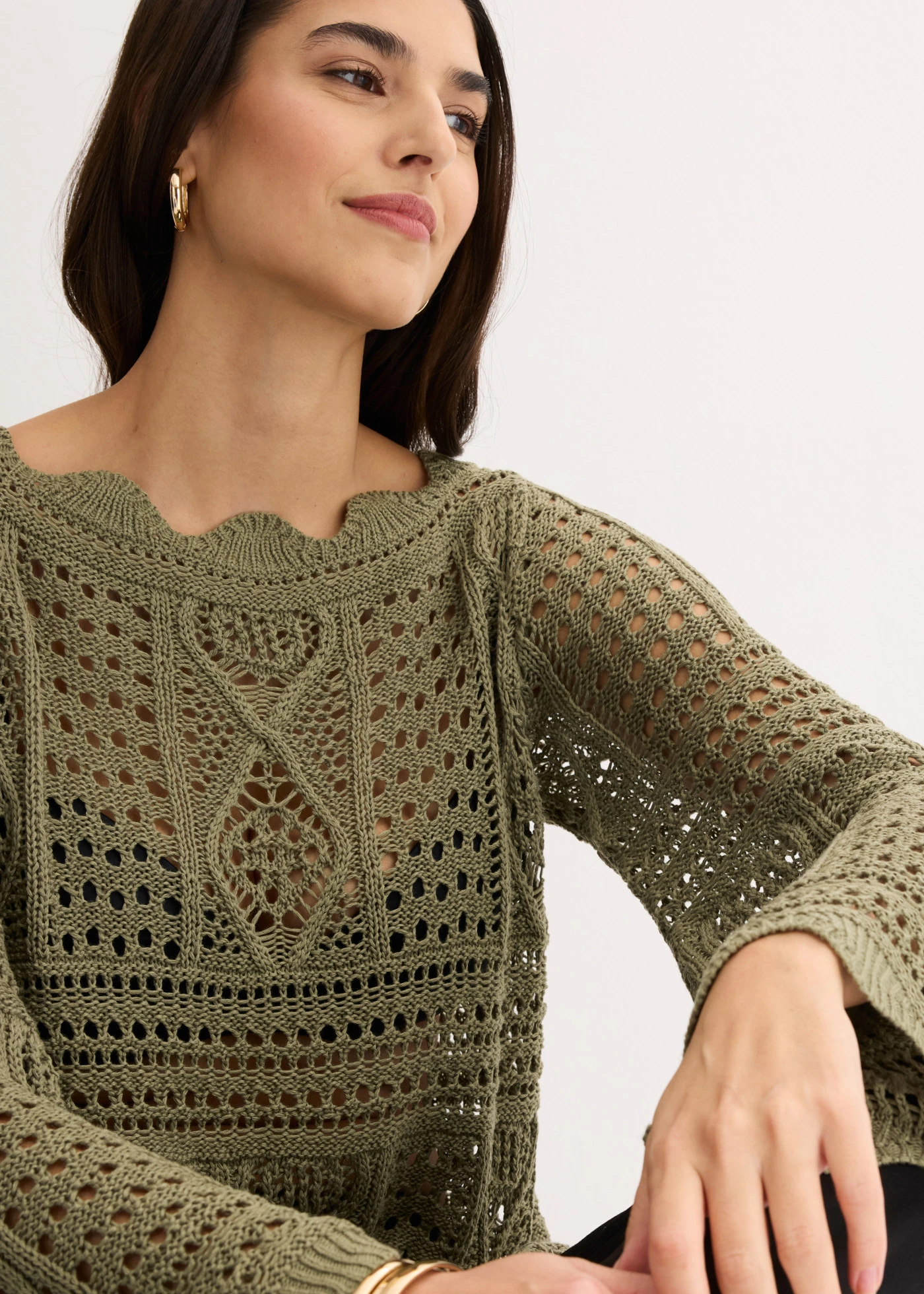 Gebreid shirt van kant • olijfgroen • bonprix online shop