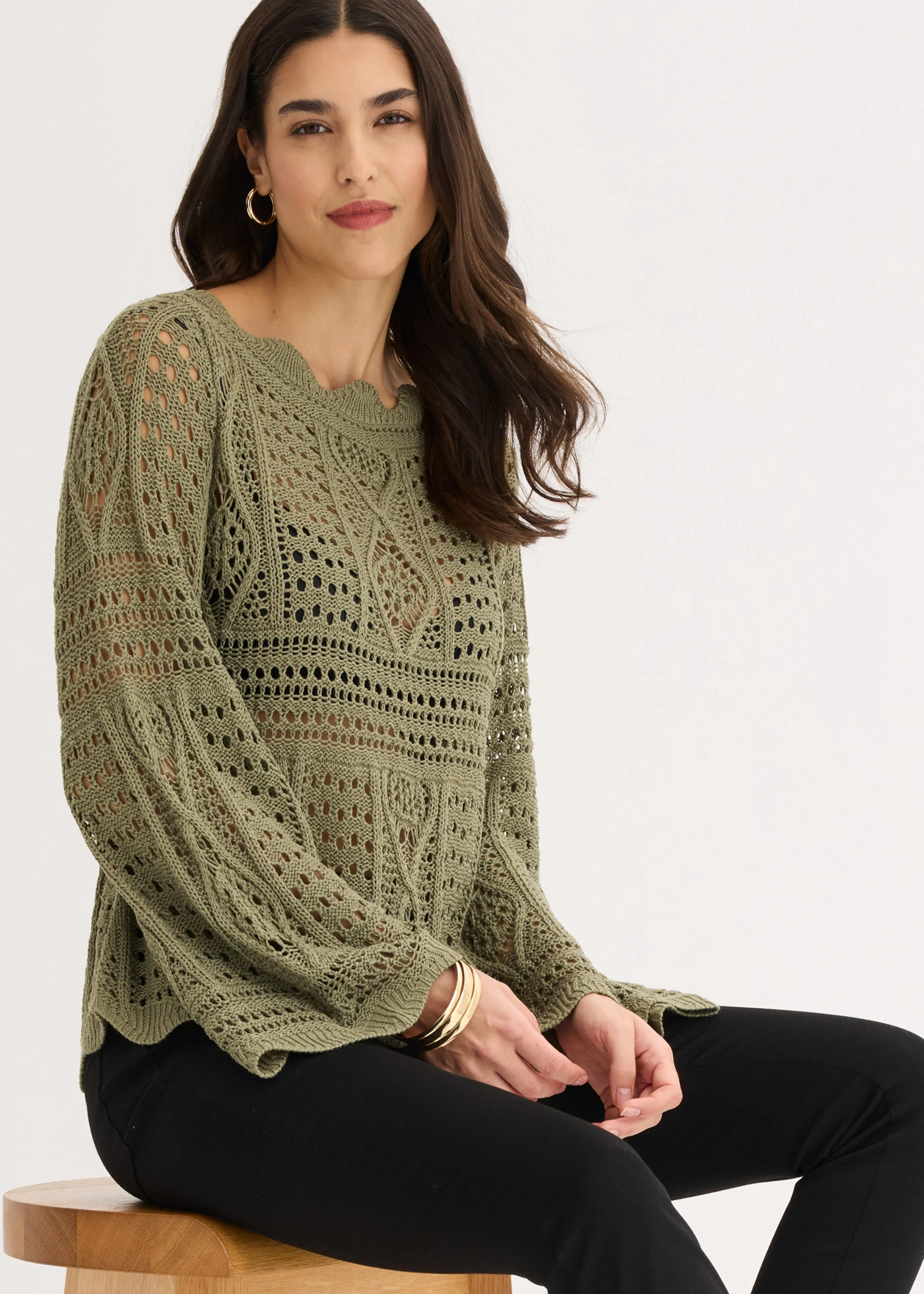 Kötött póló csipkéből • olivazöld • bonprix áruház