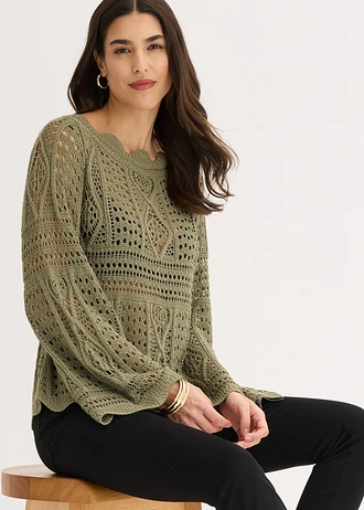 T-shirt en maille ajourée • olive • Boutique bonprix