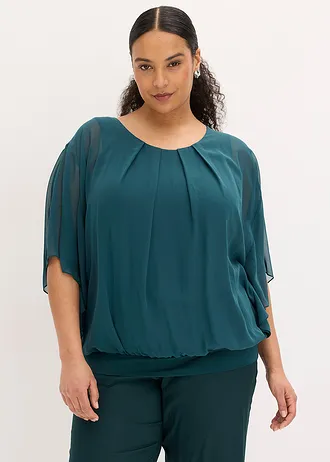 Chiffon blouse met ondershirt, Kleur: diepgroen