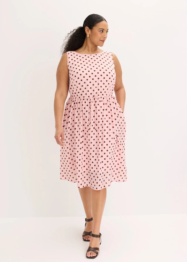 Robe midi avec lien à nouer, Couleur: rose cendré pois marron