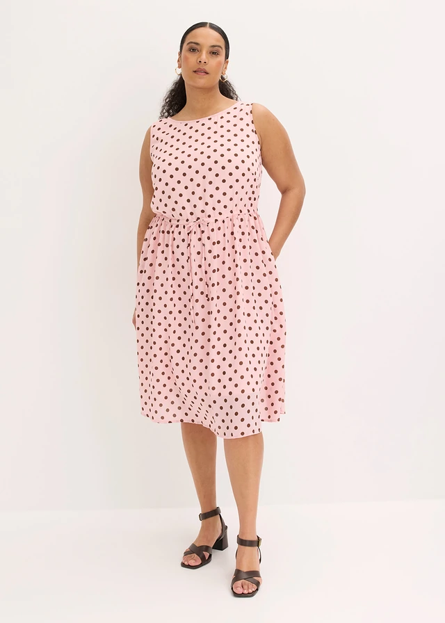 Robe midi avec lien à nouer, Couleur: rose cendré pois marron
