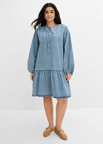 Volné midi šaty se lnem, barva: ledově modrý denim