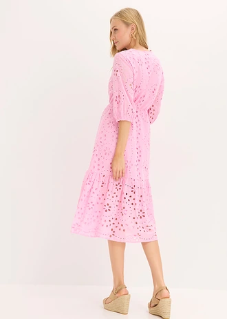 Rochie midi 100% din bumbac cu broderie perforată • roz pal • magazin bonprix