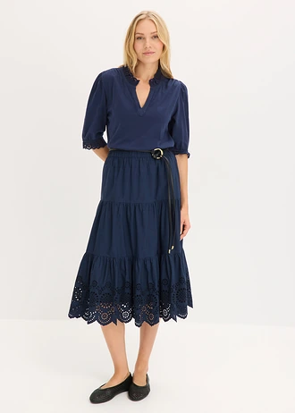 Strokenrok met broderie anglaise, Kleur: donkerblauw