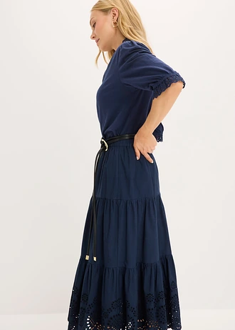 Jupe étagée avec broderies anglaises • bleu foncé • Boutique bonprix