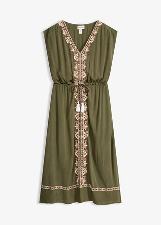 Boho midi šaty ze splývavé viskózy, barva: tmavě olivová