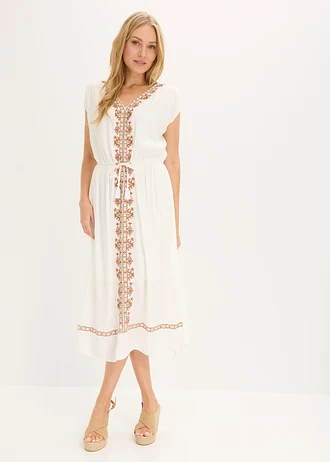 Robe midi bohème en viscose fluide, Couleur: blanc nacré