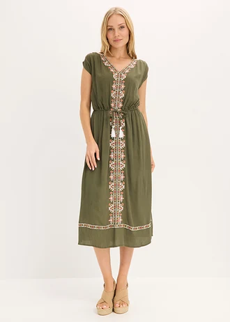 Boho midi šaty ze splývavé viskózy, barva: tmavě olivová