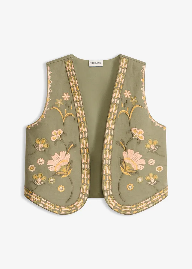 Vest met borduursel van luchtig linnenmix, Kleur: olijfgroen gebloemd