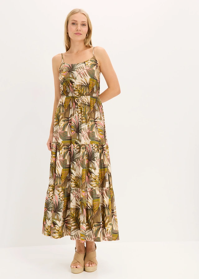 Maxi jurk van soepele viscose, Kleur: natuurgroen gedessineerd