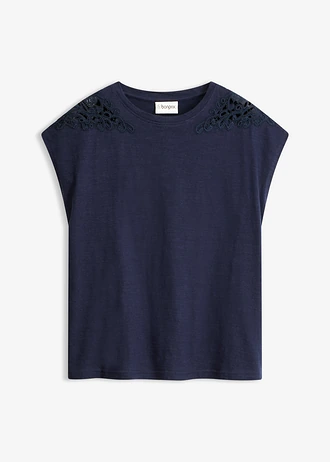 Shirt van puur katoen met kanten inzetstuk • donkerblauw • bonprix online shop