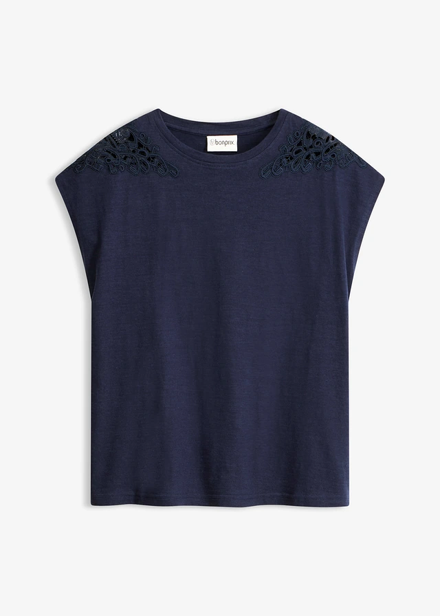 Shirt van puur katoen met kanten inzetstuk • donkerblauw • bonprix online shop