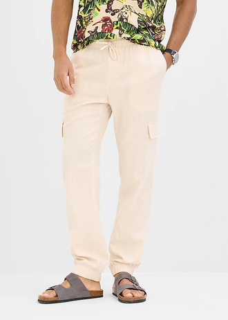 Pantaloni casual cargo în stil jogging, din material răcoritor cu in, culoare: bej nisipiu