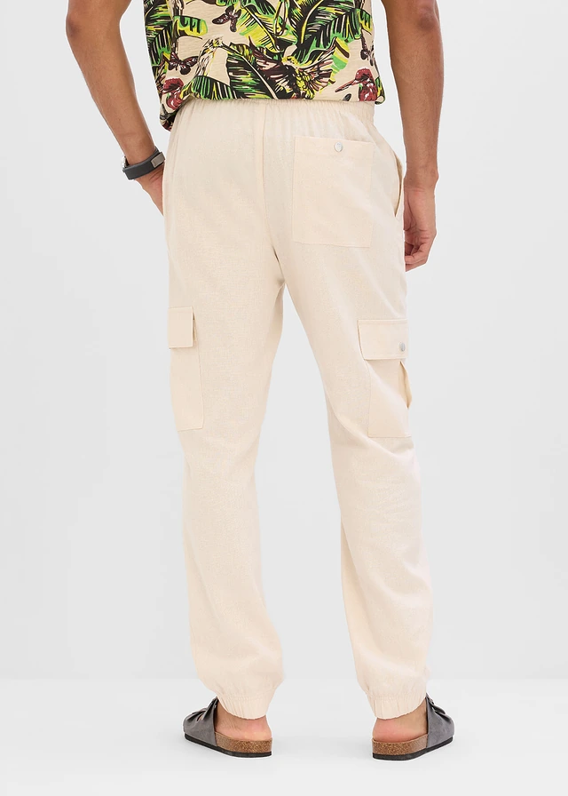 Cargo joggingbroek van een verkoelende linnenmix, Kleur: sandbeige