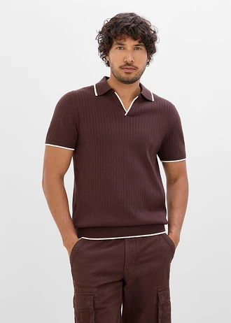 Gebreid poloshirt, regular fit, Kleur: donkerbruin-wolwit