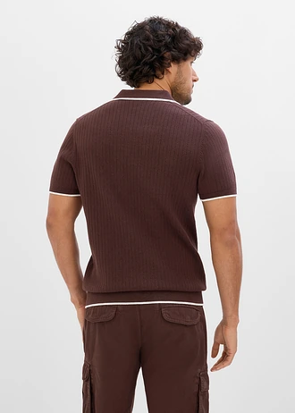 Gebreid poloshirt, regular fit, Kleur: donkerbruin-wolwit