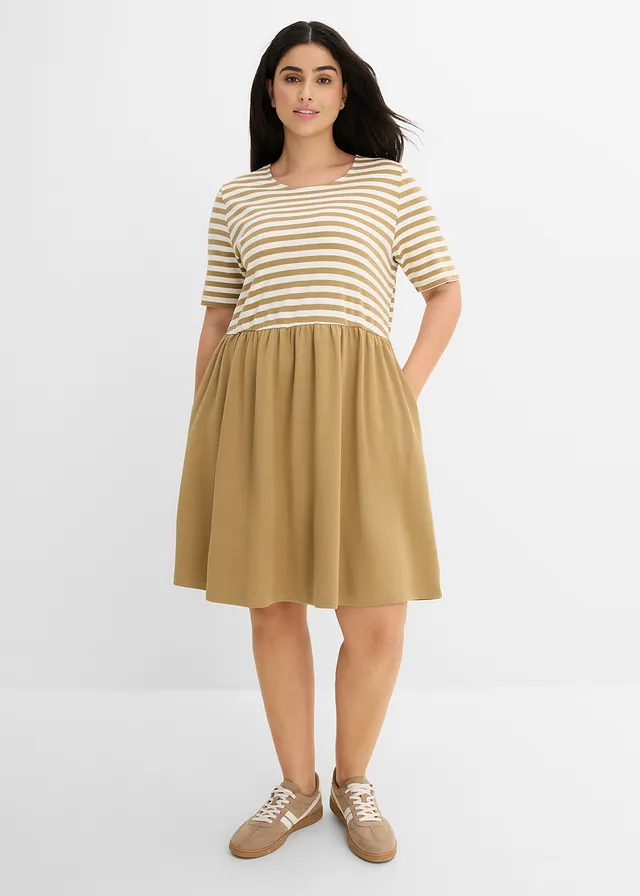 Robe en jersey 100% coton, Couleur: olive clair-écru rayé