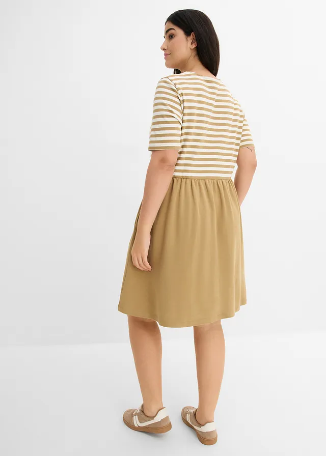 Robe en jersey 100% coton, Couleur: olive clair-écru rayé