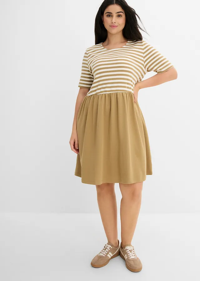 Robe en jersey 100% coton, Couleur: olive clair-écru rayé