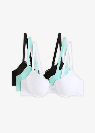Merevítős melltartó újrahasznosított poliamiddal (3 db-os csomag) • akvakék+fehér+fekete • bonprix áruház