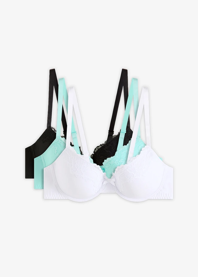 Merevítős melltartó újrahasznosított poliamiddal (3 db-os csomag) • akvakék+fehér+fekete • bonprix áruház