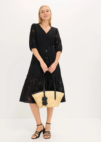 Robe midi en broderie anglaise 100% coton, Couleur: noir
