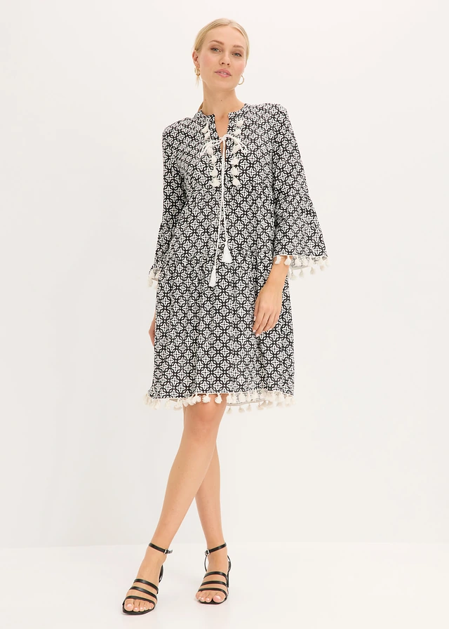 Rochie-tunică din viscoză moale, culoare: negru/ecru