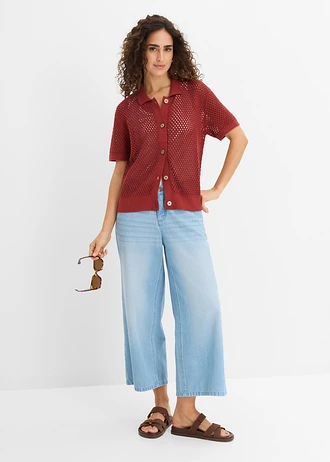 Ažúrový pletený sveter, farba: púštna červená