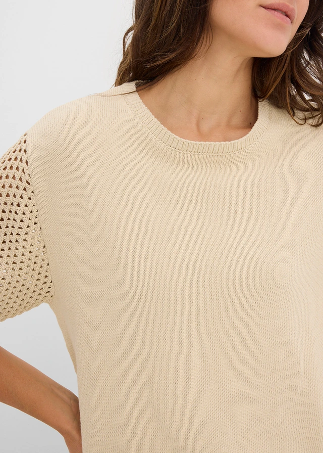 Pulover din material cu bumbac • bej nisipiu mat • magazin bonprix