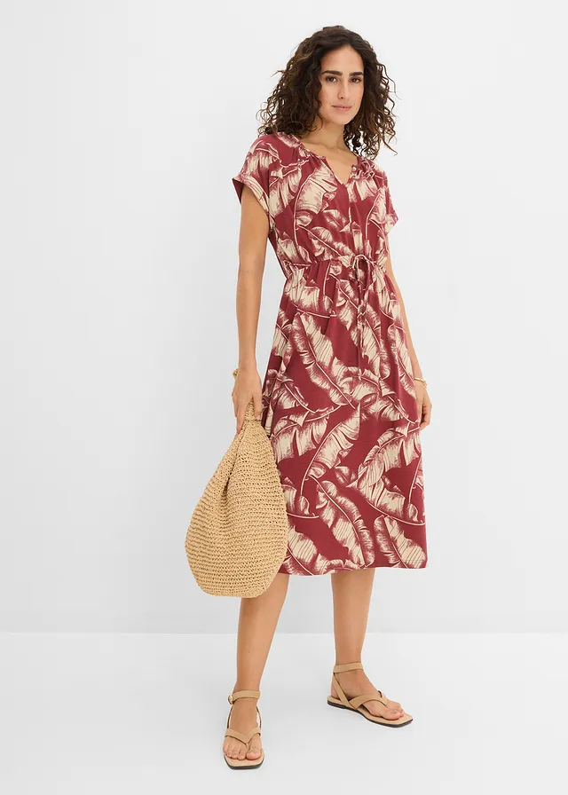 Jersey jurk van soepele viscosemix, Kleur: woestijnrood/lichtsand gedessineerd
