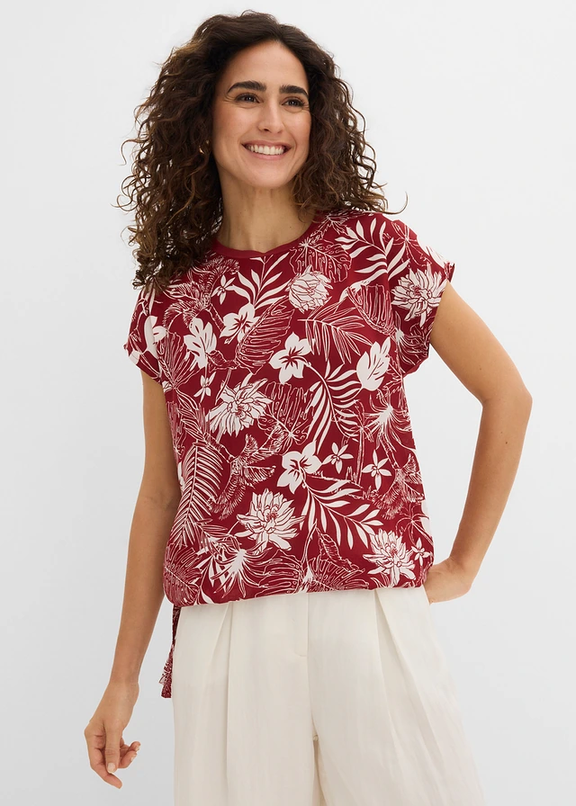 T-shirt en jersey viscose, Couleur: devant : rouge désert-écru imprimédos : rouge désert uni