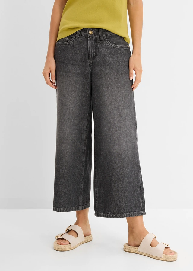 Jean large à taille mi-haute élastiquée, Couleur: gris foncé denim used
