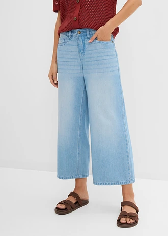 Jeansy wide leg, mid waist, z wygodnym paskiem, kolor: jasnoniebieski denim "used"