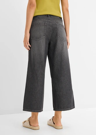 Jeansy wide leg, mid waist, z wygodnym paskiem, kolor: ciemnoszary denim "used"