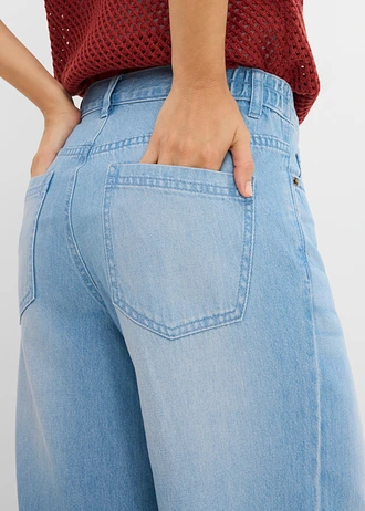 Jeansy wide leg, mid waist, z wygodnym paskiem • jasnoniebieski denim "used" • sklep bonprix