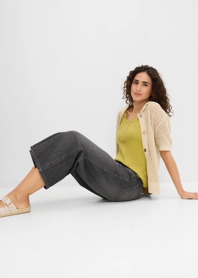 Blugi wide leg Mid Waist, talie confortabilă • gri închis denim uzat • magazin bonprix