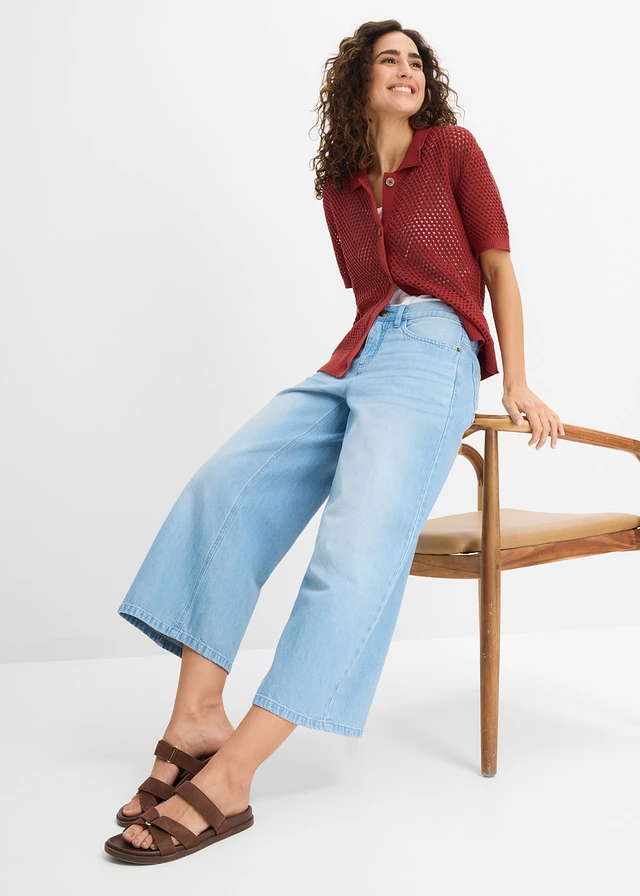Jeansy wide leg, mid waist, z wygodnym paskiem • jasnoniebieski denim "used" • sklep bonprix