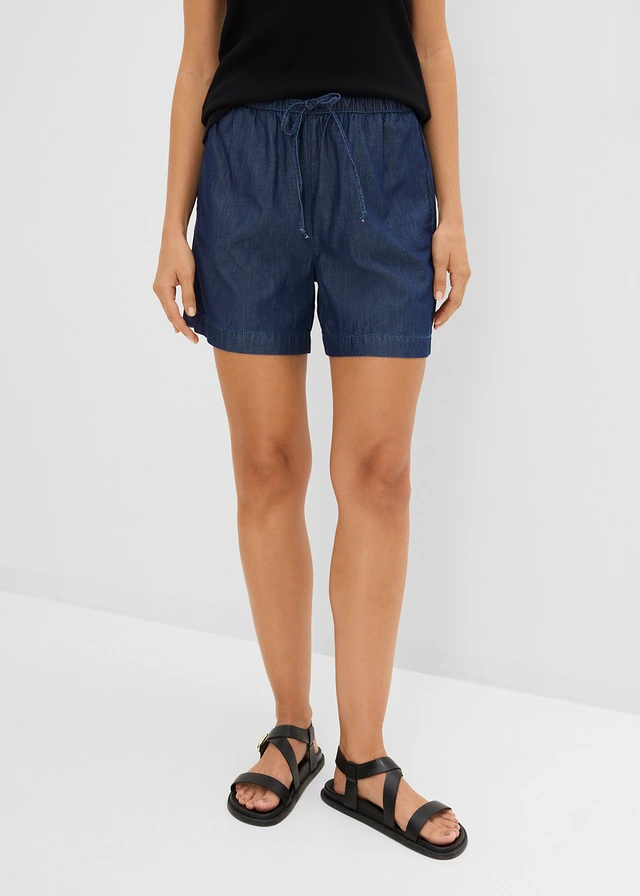 Szorty jeansowe mid waist z elastyczną gumką w talii, kolor: niebieski denim "used"